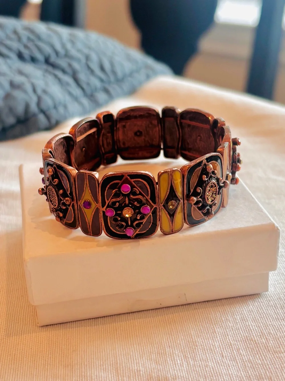 Vintage Boho Stretch Link Bracelet Copper Enamel Rhinestone Statement Cuff New